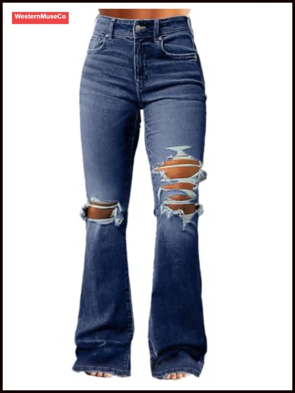 Mid Rise Flare Bootcut Ripped Distressed Stretch Denim Jeans - Picture 1 of 4